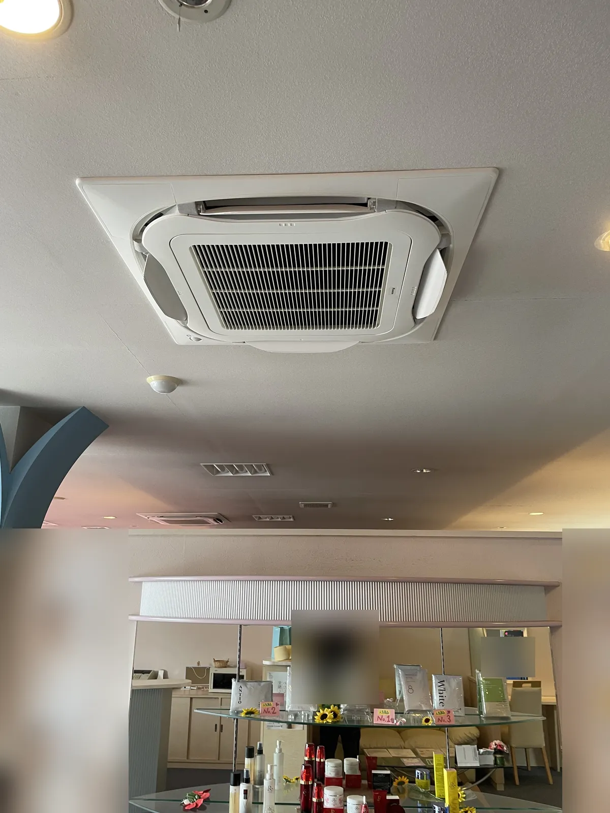 店舗の天井に取り付けた天井カセット形の室内機