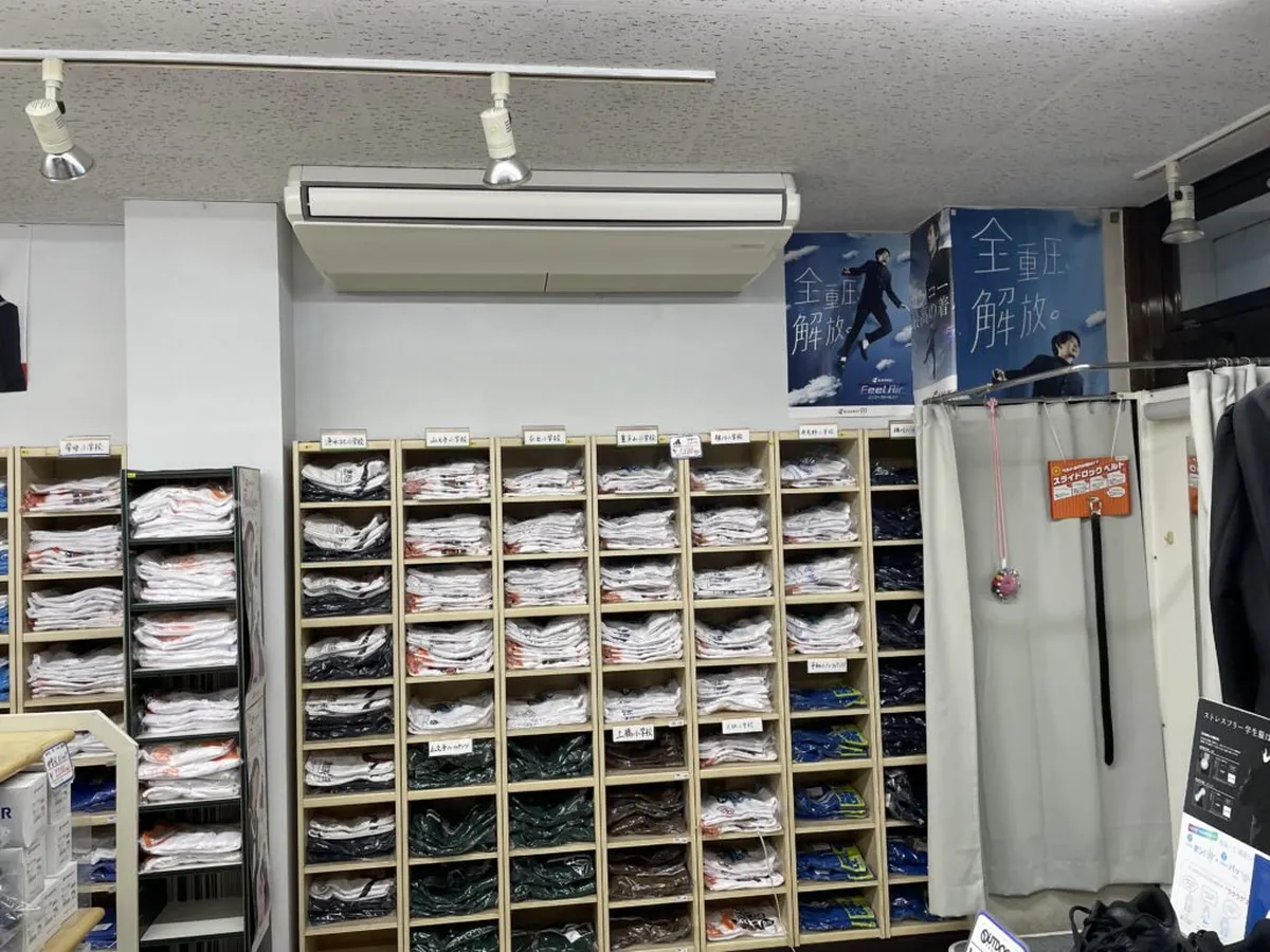 商品棚の上の天井に設置された天吊形エアコン